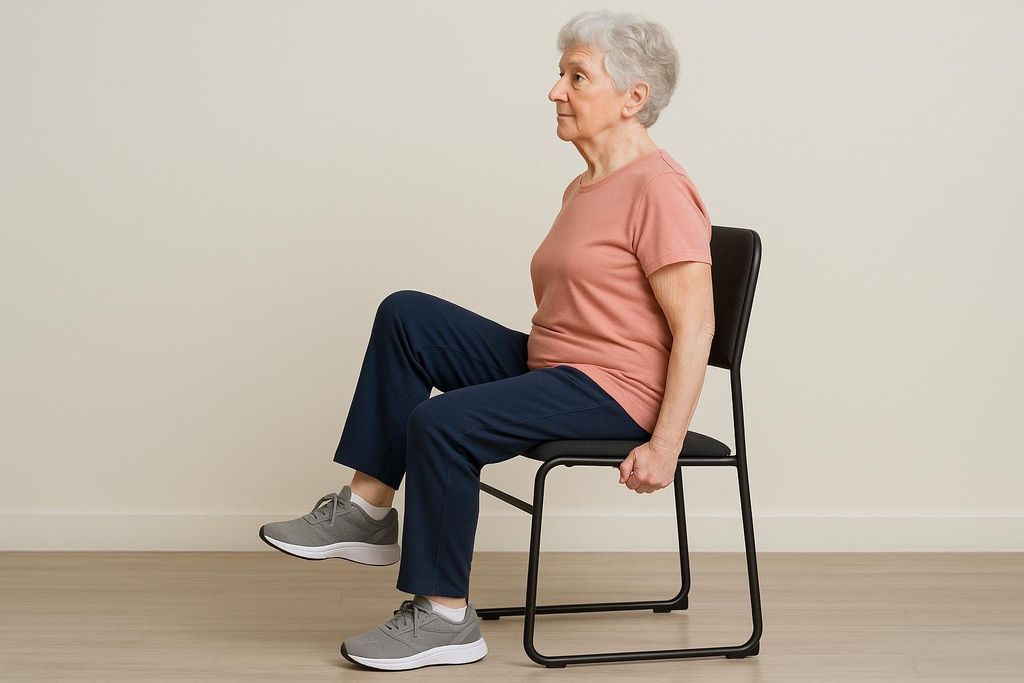 a woman with weak legs after 50 doing a chair excersise to strengthen legs