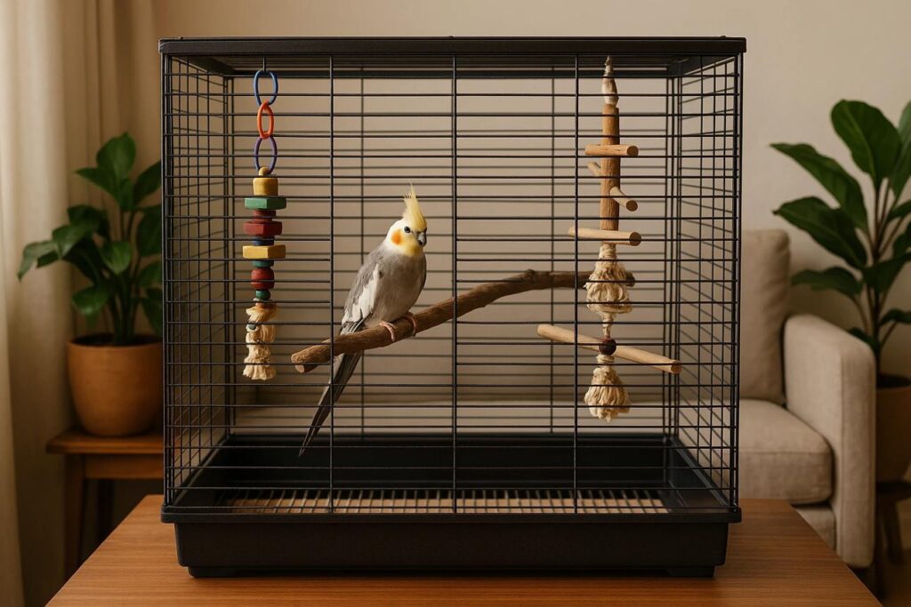 cockatiel birdbin his cage whistling in calm indoor environment for people over 50