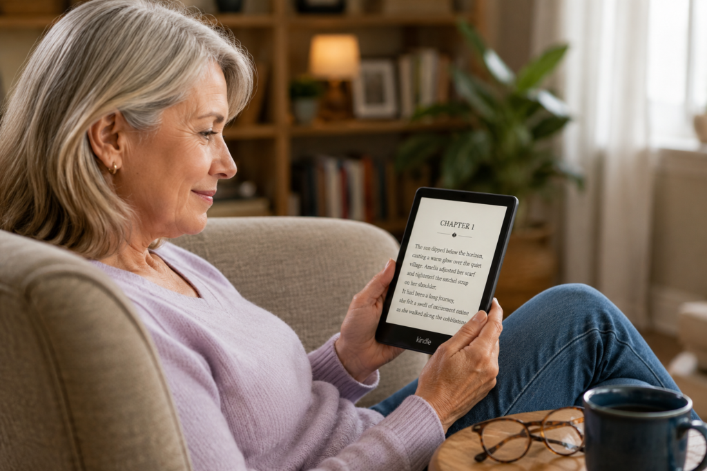 Older adult comfortably reading a Kindle Paperwhite with adjustable text size in a cozy living room
