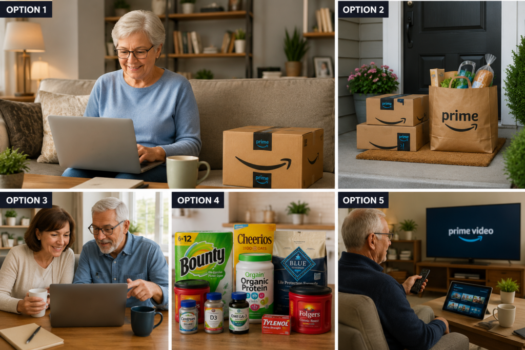 Older adults exploring Amazon Prime savings, online shopping convenience, and member benefits after 50