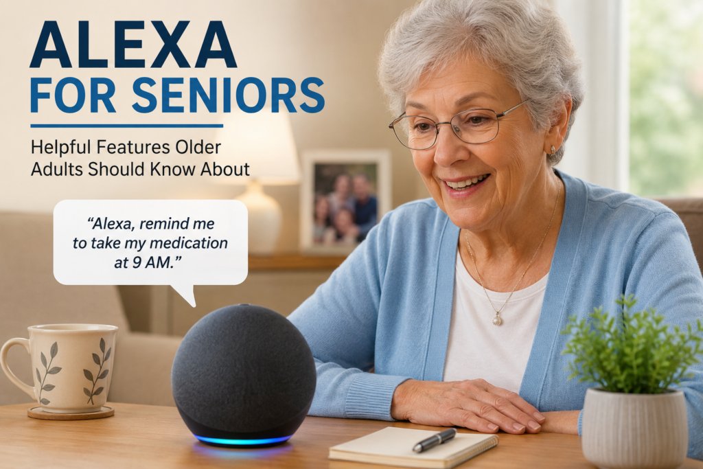 Older woman using an Alexa smart speaker at home to set a medication reminder, demonstrating how voice assistants can help seniors stay organized, connected, and independent.