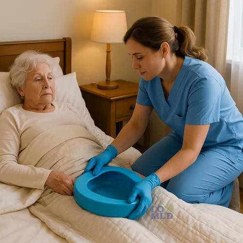 Bedpan for home care placed beside a hospital-style bed
