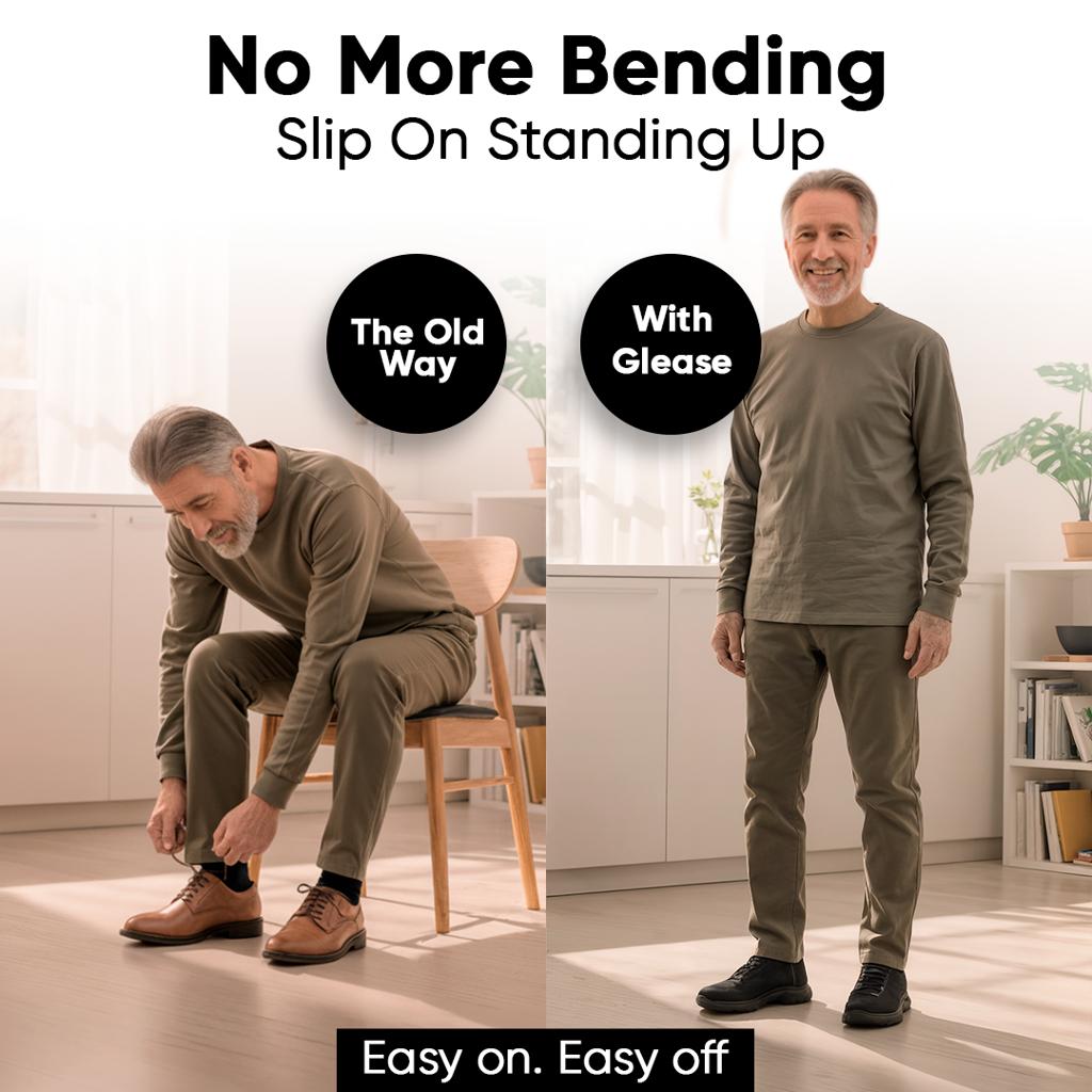 Older adult stepping into hands-free shoes for seniors without bending down