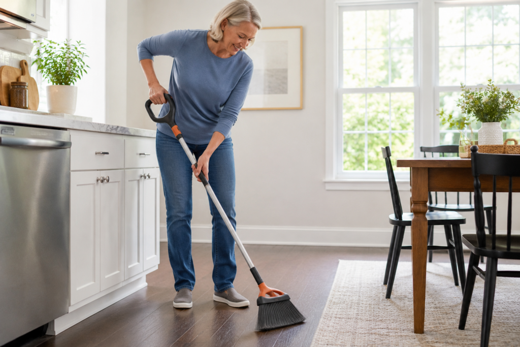 Woman cleaning with arthritis using an ergonomic broom designed to reduce hand and wrist strain