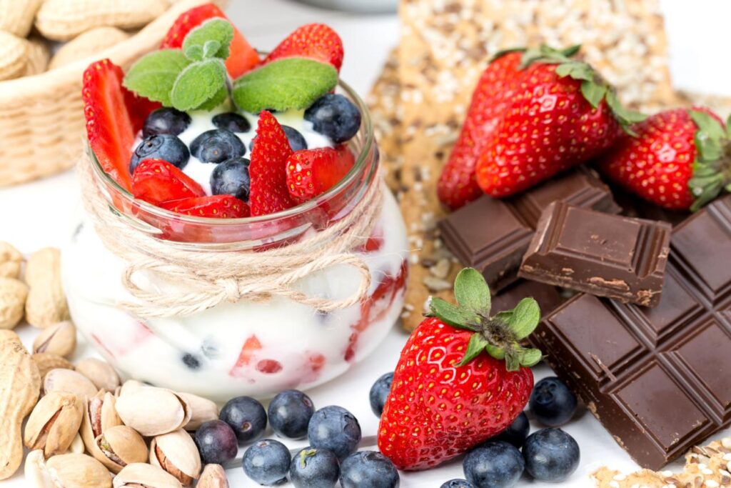 Healthy low-sugar desserts after 50 including dark chocolate, Greek yogurt with berries, dates, and dried apricots arranged on a serving plate.