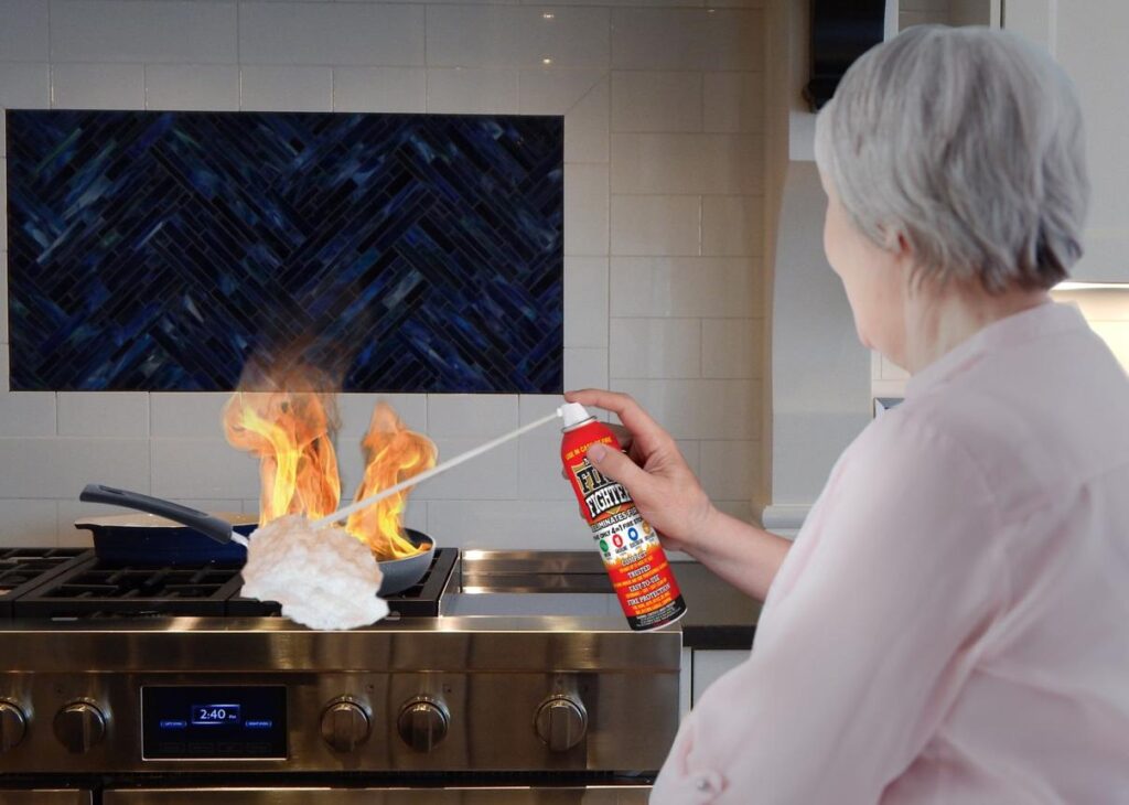 Lightweight fire extinguishers and fire sprays for older adults designed for easier handling and home fire safety.