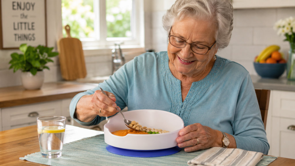 Senior using a spill-resistant bowl with a suction base to eat independently at a dining table