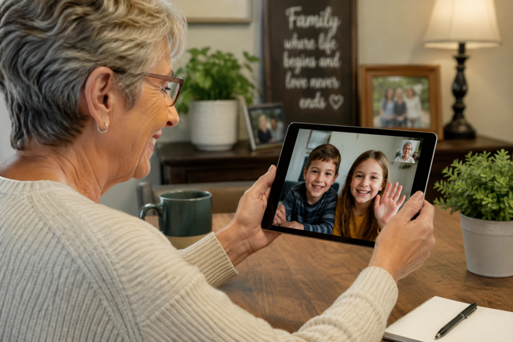 Grandparent staying connected with grandchildren after 50 through a video call at home
