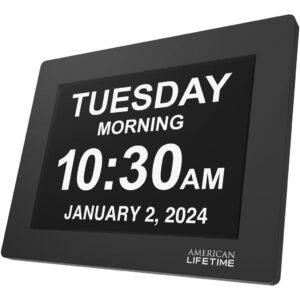 American Lifetime 8-inch digital day clock displaying the full day, date, and time in large easy-to-read text