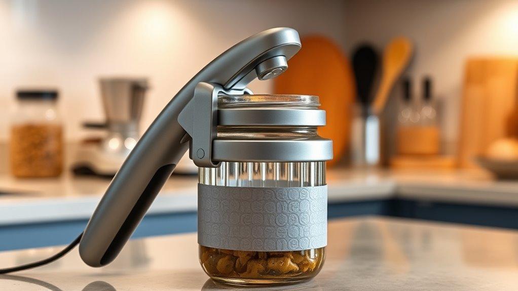Automatic jar opener helping a senior with arthritis or weak grip open a stubborn jar lid in the kitchen.