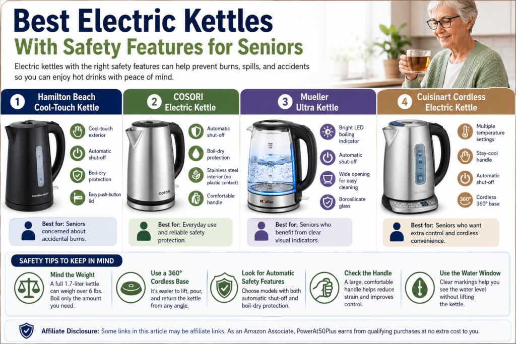 Best Electric Kettles With Safety Features for Seniors showing cool-touch kettles, automatic shut-off protection, cordless bases, and easy-grip handles for safer hot drink preparation.
