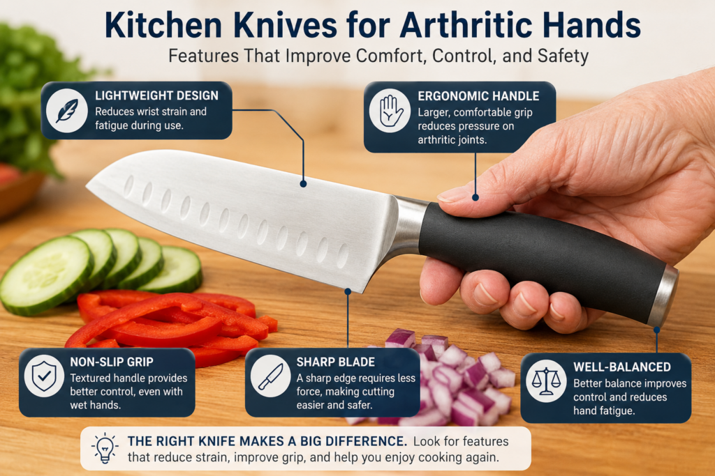 Kitchen knives for arthritic hands with ergonomic easy-grip handle