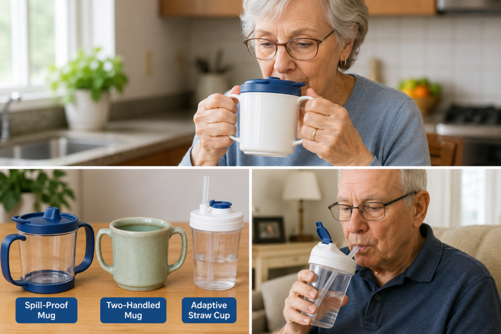 Senior using an adaptive straw cup designed for limited neck mobility