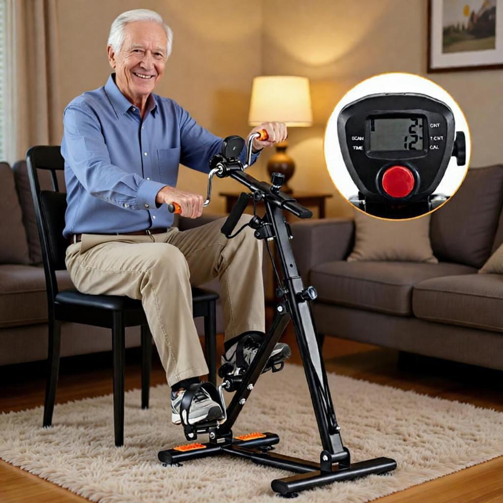Senior using a mini pedal exerciser at home while seated to add gentle daily physical activity.