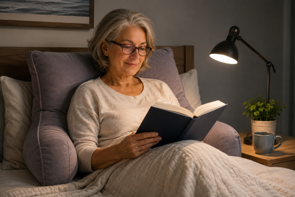 Reading in bed after 50 with supportive pillows and proper bedside lighting