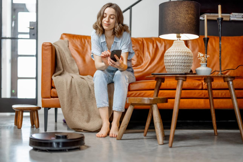 Robot vacuum cleaning hardwood floors in a senior-friendly home