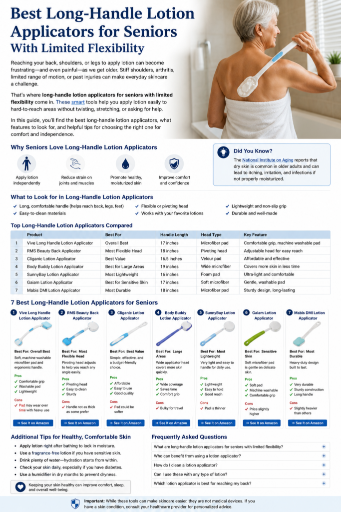 Long-handle lotion applicators for seniors help apply lotion to hard-to-reach areas without bending or straining
