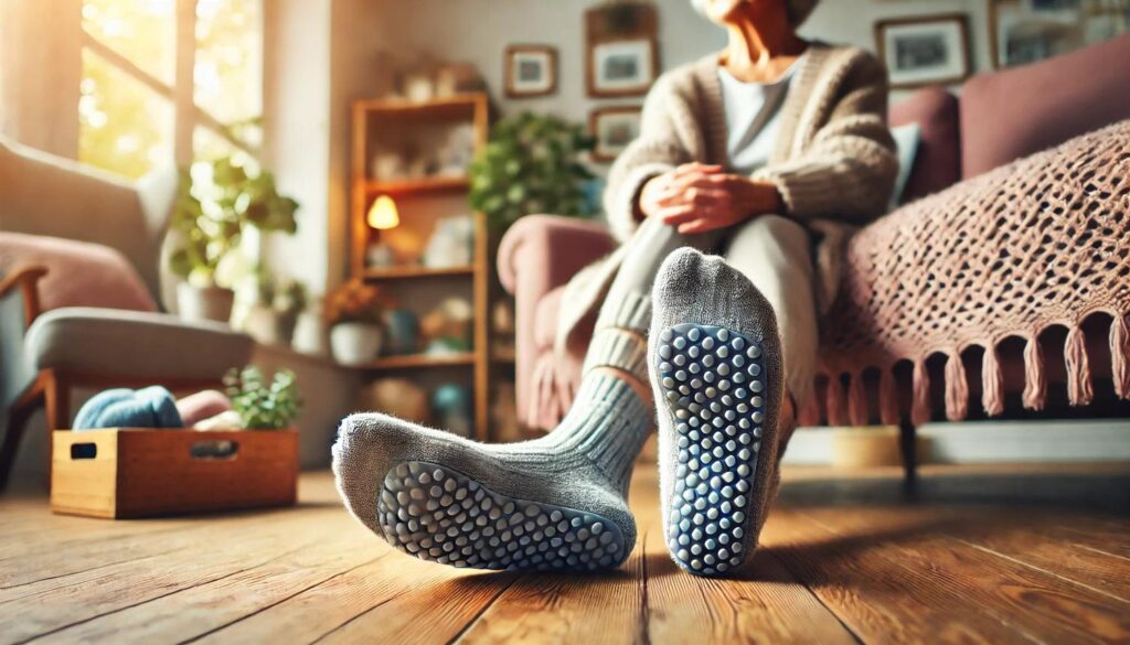: Older adult wearing non-slip gripper socks for seniors on a hardwood floor