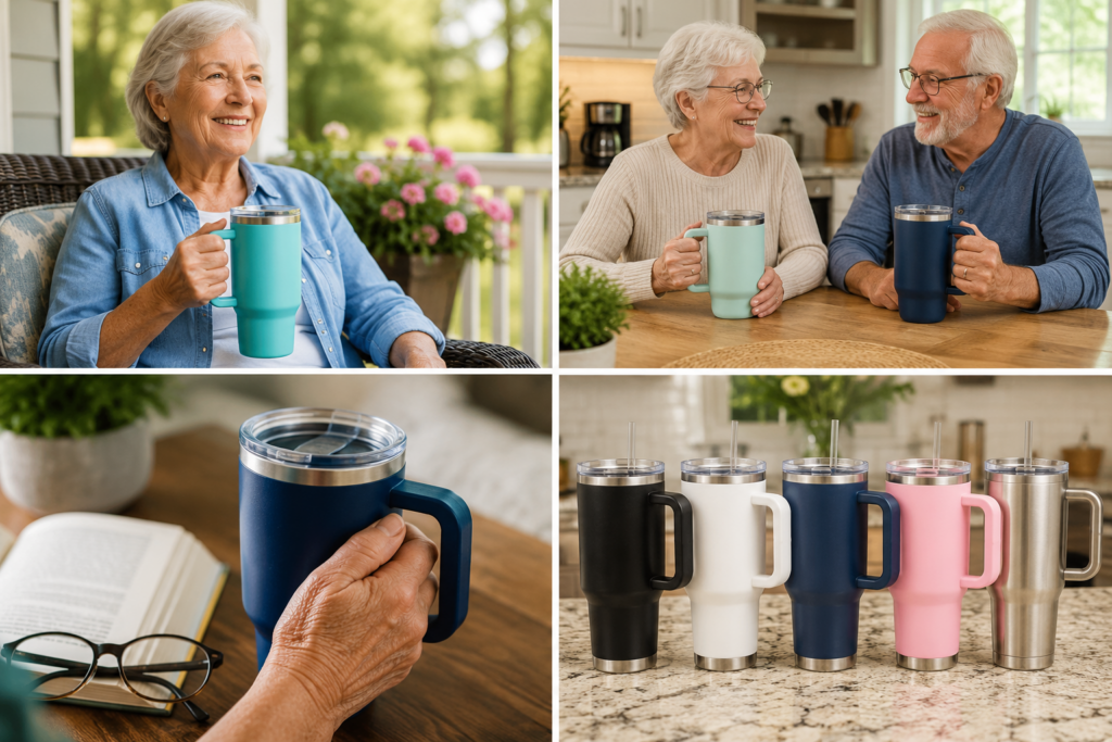 Close-up of a senior hand comfortably gripping a handled insulated tumbler next to a book, tablet, or newspaper.