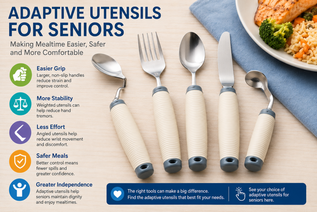 Adaptive utensils can help seniors with arthritis, tremors, and reduced grip strength enjoy safer and more comfortable meals.