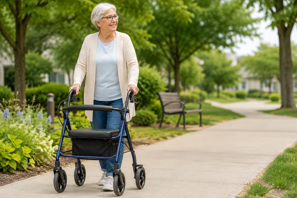 Senior using a rollator walker with a built-in seat while walking outdoors
