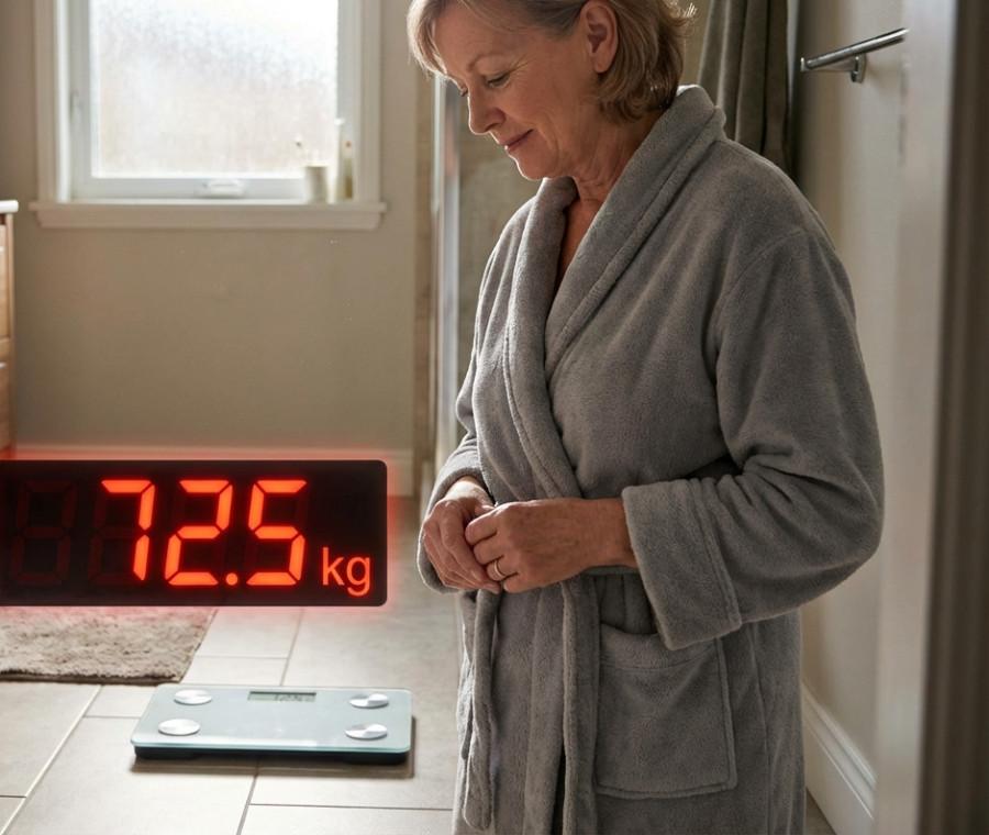 Adult over 50 using a smart scale to track weight and health at home.